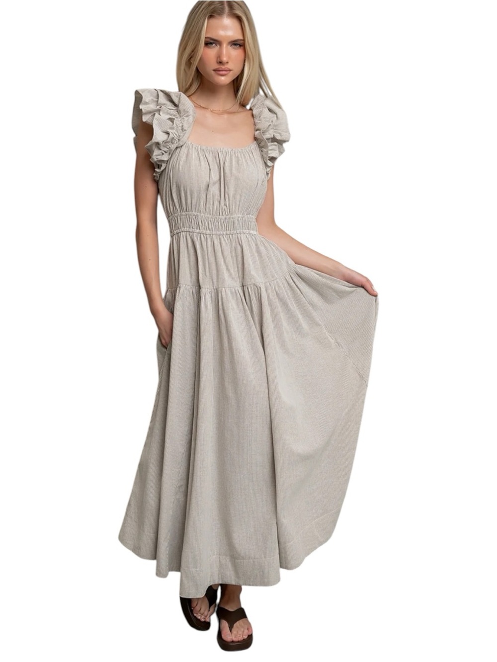 AUREUM Sedona Ruffle-Shoulder Maxi Dress in Light Beige Sz L